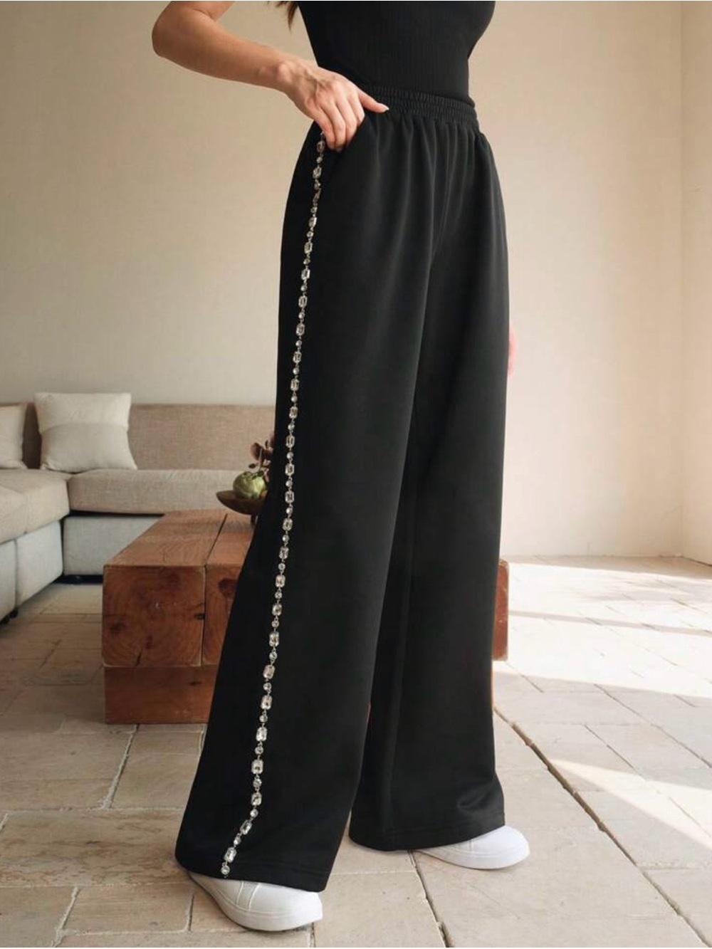 Black Wide-Leg Embellished Rhinestone Side-Stripe Pants New